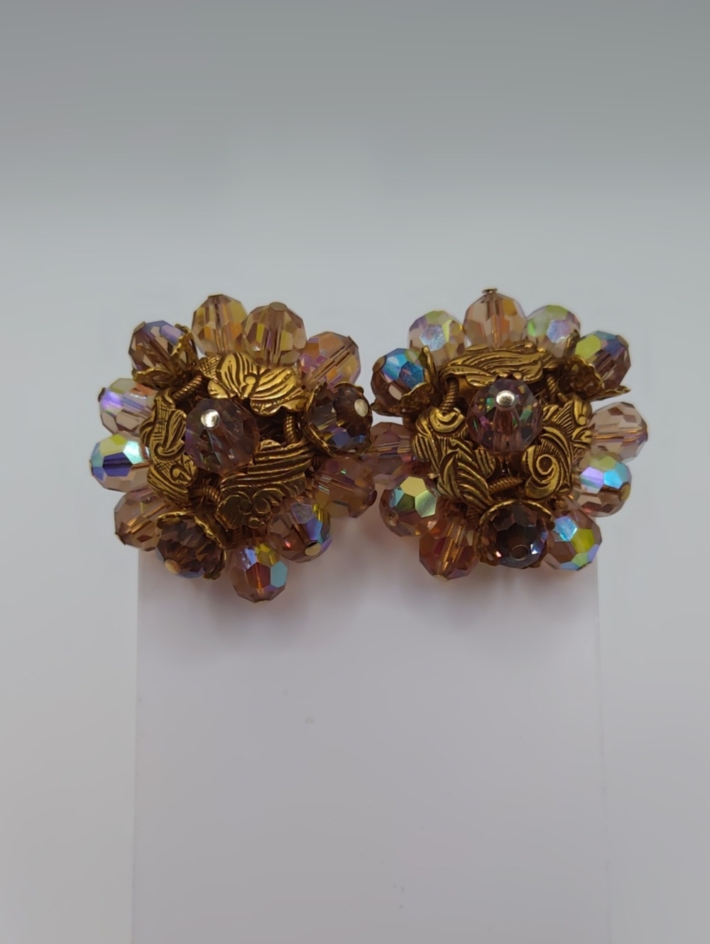 Vendome Champaign AB Crystal and Gold Tone Screw Clip On Earrings Vintage Rare